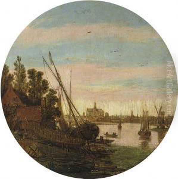 A Shipyard On The Banks Of A River With A Boat Being Caulked,haarlem Beyond Oil Painting by Esaias Van De Velde