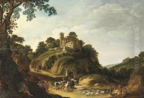 A Rocky Wooded Landscape With Christ On The Road To Emmaus Oil Painting by Esaias Van De Velde