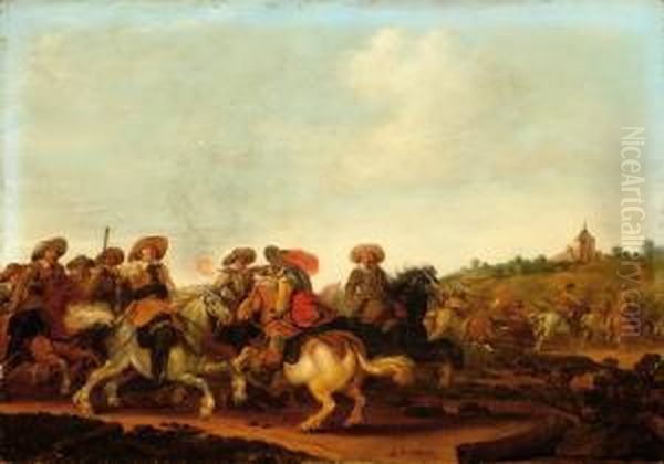 Mounted Battle In Alandscape Oil Painting by Esaias Van De Velde