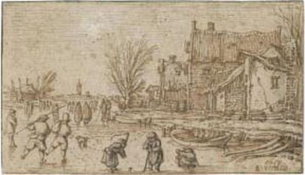 Skaters On A Frozen River Oil Painting by Esaias Van De Velde