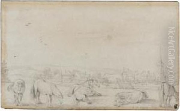 Horses In A Field Before A Town,
 Probably The Horse Fair At Valkenburgh Outside The Hague Oil Painting by Esaias Van De Velde