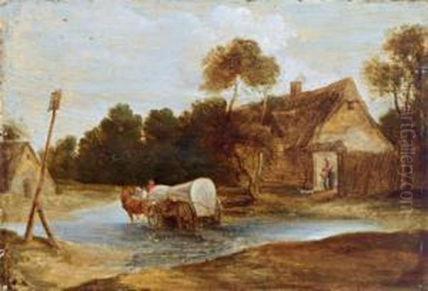 Veduta Di Un Podere Con Carrozza A Cavalli Che Attraversa Un Fiume Oil Painting by Esaias Van De Velde