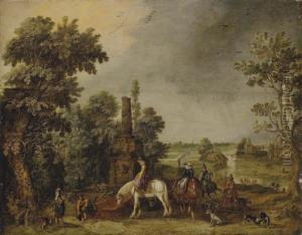 An Extensive Landscape With A Hunting Party Halting By A Classical Fountain Oil Painting by Esaias Van De Velde