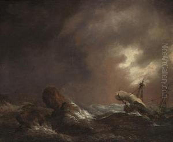 Shipping In A Storm Off A Rocky Coast Oil Painting by Esaias Van De Velde