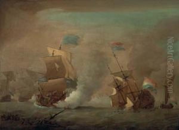 A Naval Battle Between An English Frigate And A Dutch Warship Oil Painting by Esaias Van De Velde