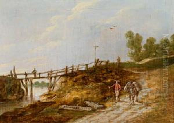 Asinaio In Un Paesaggio Con Ponte Di Legno Oil Painting by Esaias Van De Velde