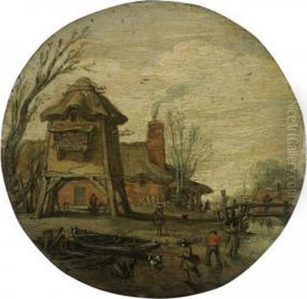 Winter Landscape With Figures 
Skating And Playing Kolf On A Frozen River 
Before A Large Dovecote And A Cottage Oil Painting by Esaias Van De Velde