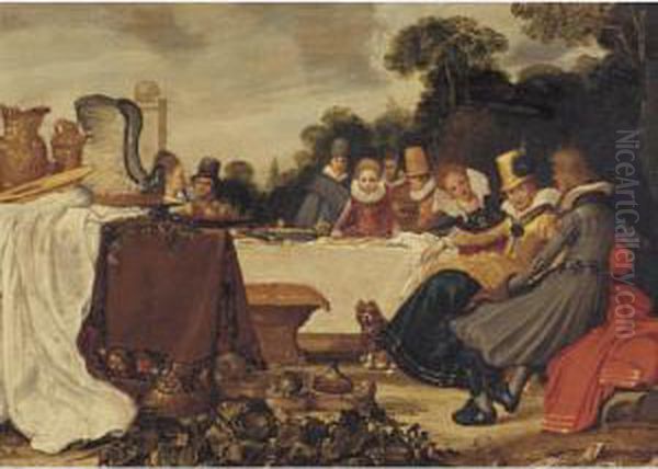 Elegant Figures At An Outdoor Banquet Oil Painting by Esaias Van De Velde