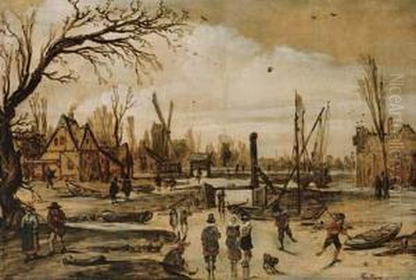 A Winter Landscape With Figures Skating On A Frozen Canal Oil Painting by Esaias Van De Velde