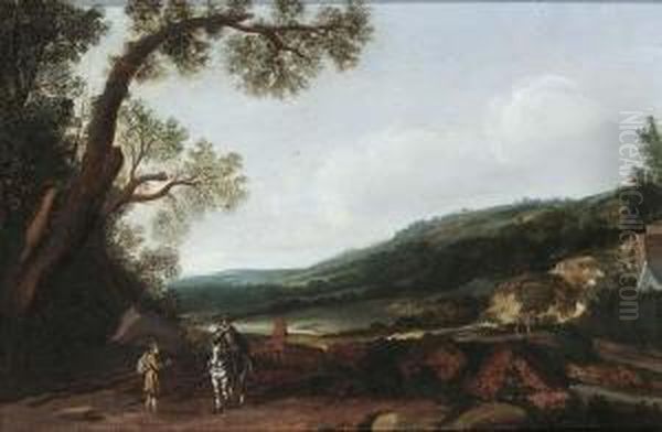 Hilly Landscape With Travellers And A Horseman On A Path Oil Painting by Esaias Van De Velde