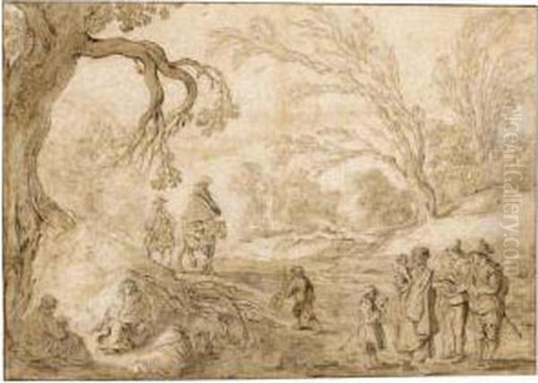 Wooded Landscape With Riders Approaching A Group Of Gypsies Oil Painting by Esaias Van De Velde