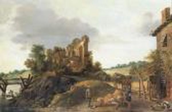 An Extensive Landscape With 
Soldiers Resting By A Tavern, A Horseand Cart And Other Figures On A 
Road And A Ruin On A Hilltopbeyond Oil Painting by Esaias Van De Velde