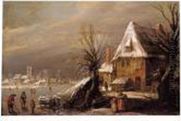 A Winter Landscape With Figures Playing Oil Painting by Esaias Van De Velde