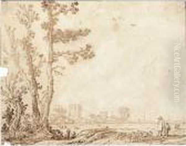 Landscape With Tall Trees To The Left, A Shepherd To The Right, And A Village Behind Oil Painting by Esaias Van De Velde