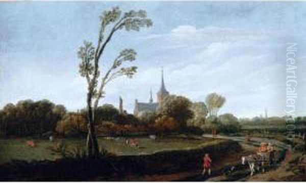 An Open Landscape With Wagoners On A Road, A Church Spire In A Village Beyond Oil Painting by Esaias Van De Velde