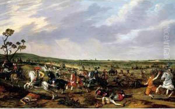 A Battle Scene In An Open Landscape Oil Painting by Esaias Van De Velde