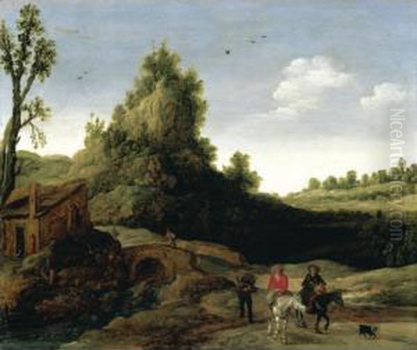 Landscape With Travellers 
Crossing A Bridge Before A Small Dwelling, Horsemen In The Foreground Oil Painting by Esaias Van De Velde