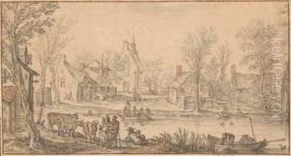 A Village On A River, Figures In The Foreground Oil Painting by Esaias Van De Velde