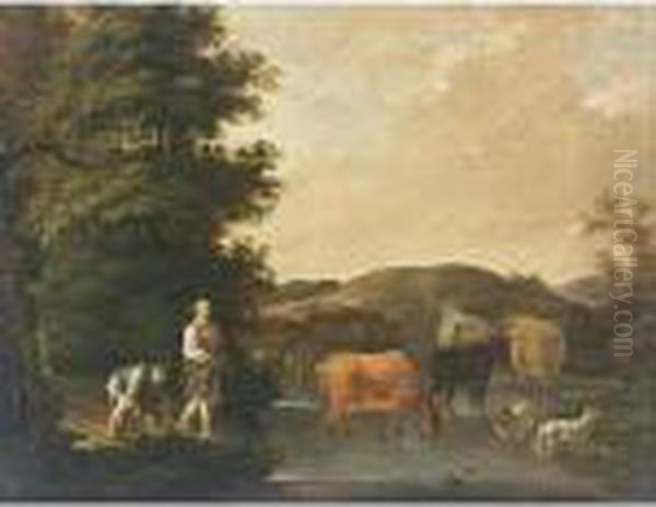 A River Landscape With Cattle Watering And Two Shepherds With A Dog Oil Painting by Esaias Van De Velde