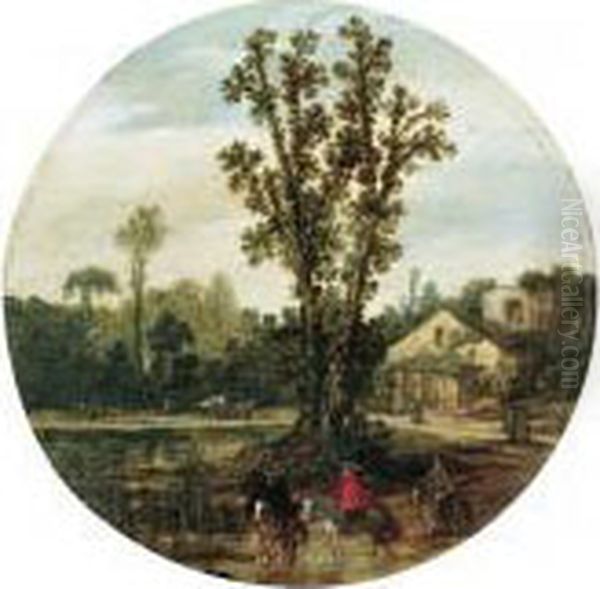 A Wooded Landscape With Horsemen Beside A River, A Ruined Farm Beyond Oil Painting by Esaias Van De Velde