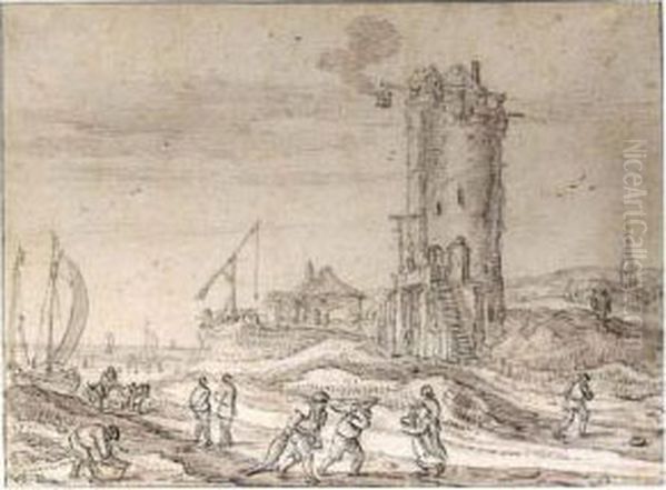 Fishermen And Beached Boats Before A Fire Tower Oil Painting by Esaias Van De Velde