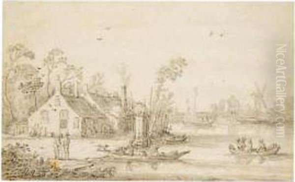 River Landscape With Boats By Cottages, And A Mill Behind Oil Painting by Esaias Van De Velde