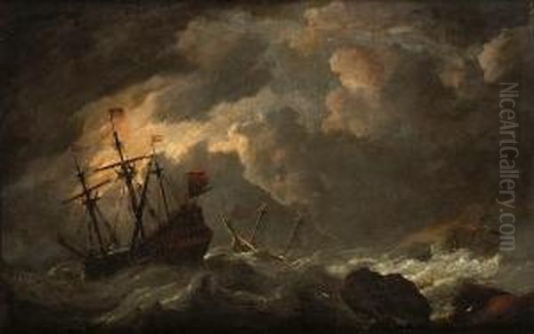 Dutch Shipping In Rough Seas Off A Rocky Coastline Oil Painting by Esaias Van De Velde