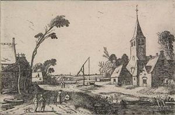 Farms To The Left Of A Path, Village At The Right Oil Painting by Esaias Van De Velde