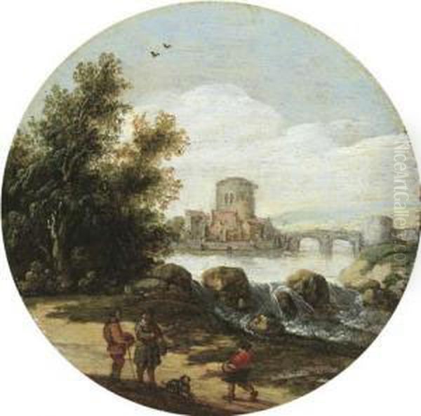 A River Landscape With Travellers On A Path Near A Waterfall, A Small Village Beyond Oil Painting by Esaias Van De Velde