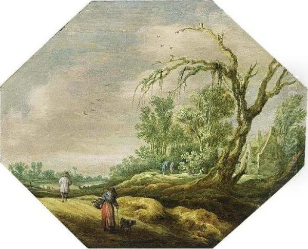 A Wooded Landscape With A Woman And A Dog On A Path Near A House, A River Beyond Oil Painting by Esaias Van De Velde