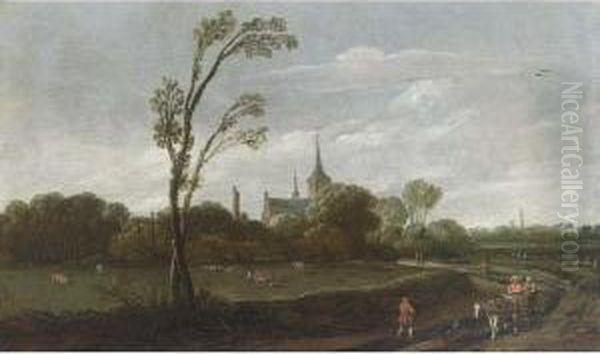 A Wooded Landscape With A 
Horse-drawn Cart, A View Of A Village With A Church Tower Beyond Oil Painting by Esaias Van De Velde