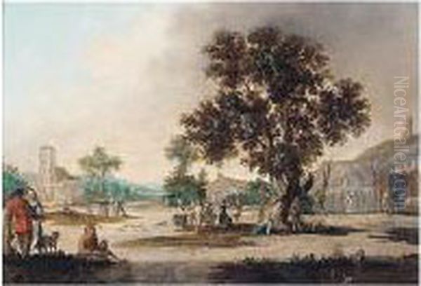 A Village Scene With Figures Dancing Under An Oak Tree Oil Painting by Esaias Van De Velde