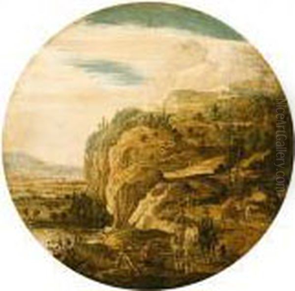 A Rocky Landscape With Travellers And Horsemen On A Path Oil Painting by Esaias Van De Velde