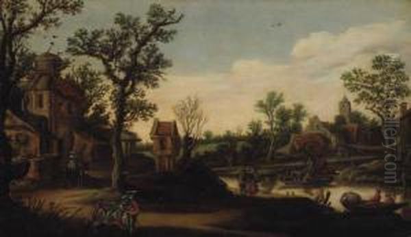 A Wooded River Landscape With A Ferry And Figures On A Track Oil Painting by Esaias Van De Velde