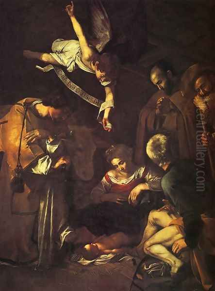 Nativity with Saints Francis and Lawrence Oil Painting by Caravaggio