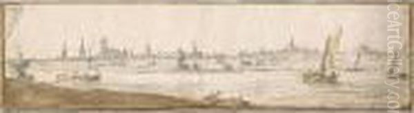 Panoramic Landscape With Boats On A River, And A Town Behind Oil Painting by Abraham de Verwer