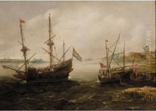 A Dutch Warship At Anchor In An Estuary, Another Small Vessel Nearby Oil Painting by Abraham de Verwer