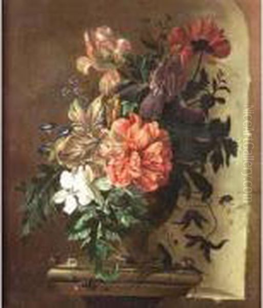 Vase De Fleurs Et Insectes Sur Un Entablement Oil Painting by Abraham de Verwer