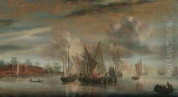 A Calm: Wijdships And A Threemaster At Anchor In A River Estuary Oil Painting by Abraham de Verwer