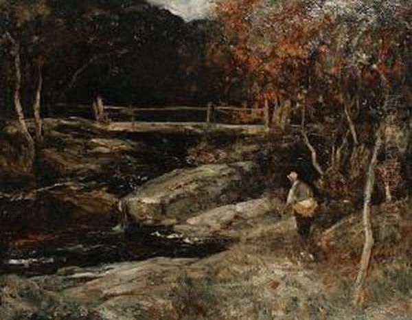 Angler By A Bridge Oil Painting by Joseph Vickers De Ville