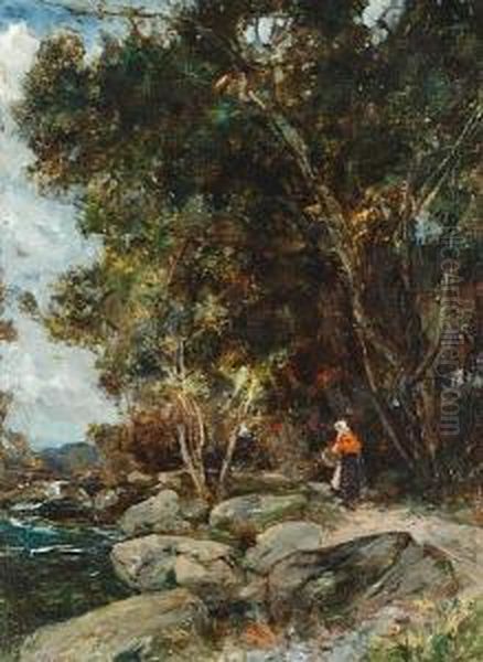 A Path By The River Oil Painting by Joseph Vickers De Ville