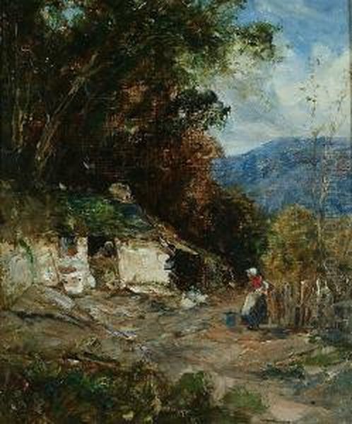 A Welsh Homestead Oil Painting by Joseph Vickers De Ville