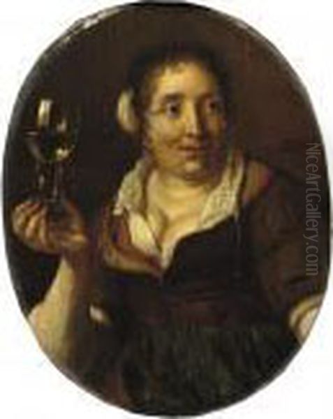 A Peasant Woman Holding A Glass Of Wine Oil Painting by Arie de Vois