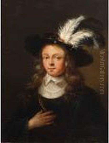 A Portrait Of A Young Man, Bust 
Length, Wearing A Black Coat With White Collar And A Feathered Hat Oil Painting by Arie de Vois