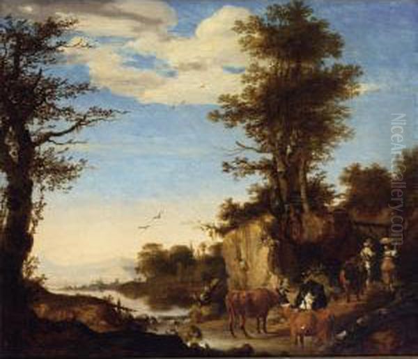 A River Landscape With A Shepherd With His Herd On A Path Conversing With A Woman Oil Painting by Arie de Vois