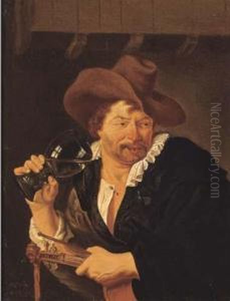 A Violin Player Drinking In An Inn Oil Painting by Arie de Vois