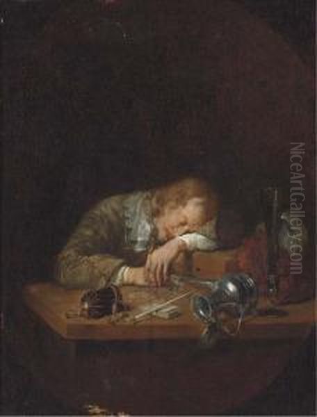 A Man Asleep On A Table Oil Painting by Arie de Vois