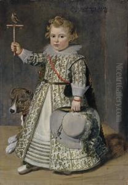 Portrait Of Boy Aged Two, 
Full-length, In A White Embroidered Dress Decorated With Acorns, Holding
 A Perch With A Finch In His Right Hand, With A Dog Oil Painting by Cornelis De Vos