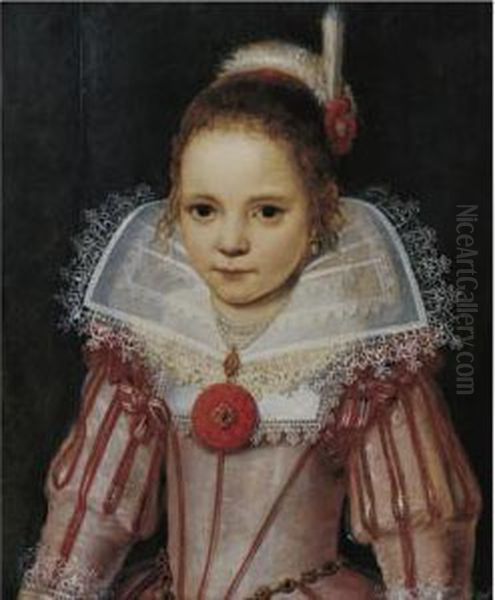 Portrait Of A Young Girl In A Pink Dress With Red Trim Oil Painting by Cornelis De Vos