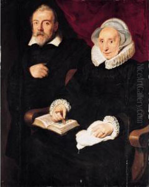 A Portrait Of Elisabeth Mertens,
 Seated Three-quarter Length Wearing Black With A White Ruff And Cape, 
And A Posthumous Portrait Of Her Late Husband, The Painter Frans 
Francken The Elder, Standing Next To Her Oil Painting by Cornelis De Vos